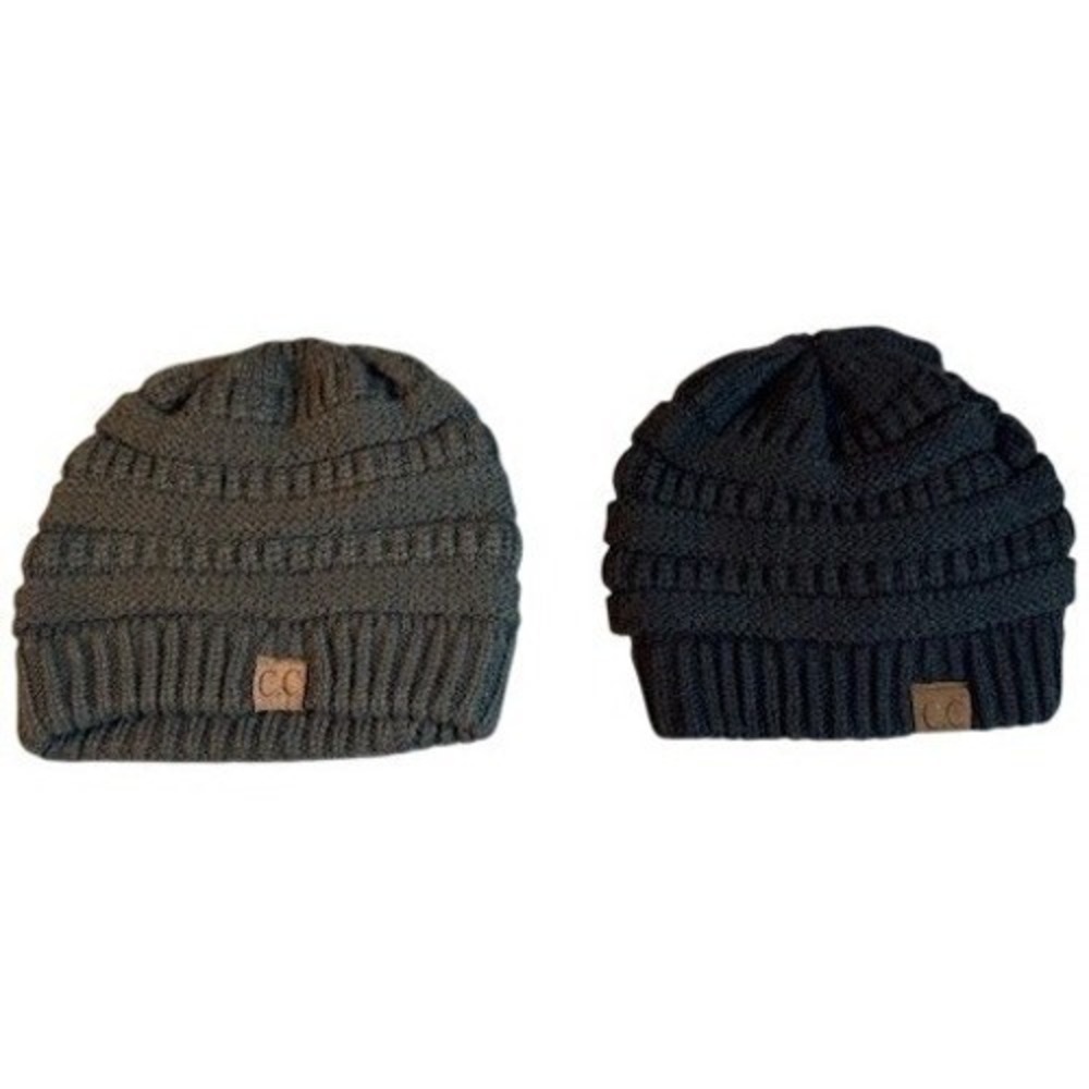 CC Beanie Hat Bundle Set of 2 Ribbed Knit Slouchy Skull Cap Black Charcoal Grey